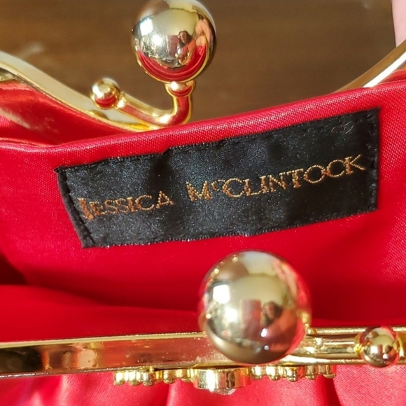 Jessica McClintock Evening Purse Red Satin Gold Chain Kiss Lock - Picture 8 of 8